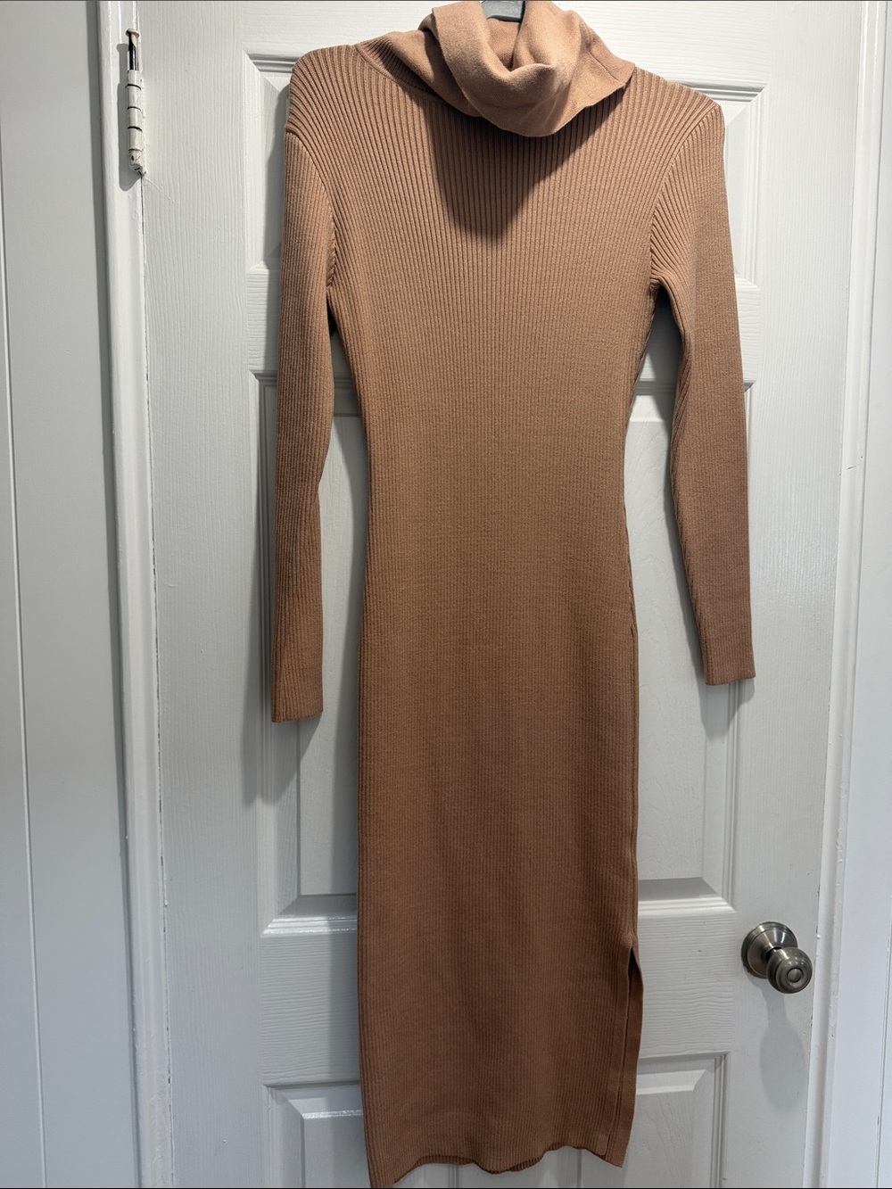 Camel colored Ribbed Turtleneck Long Sleeve Midi Sweater Dress; Womens Medium.
